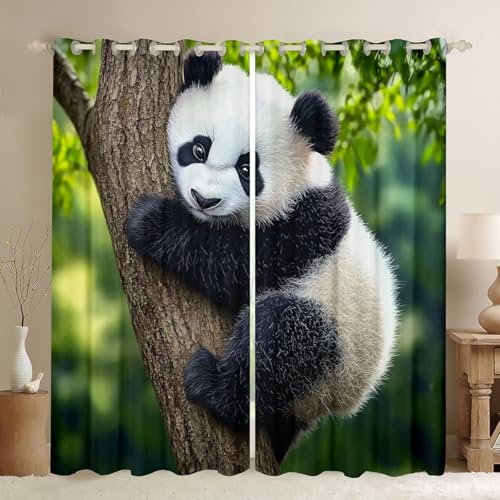 Feelyou Cute Panda Blackout Curtains (2 Panels, 42 x 90 Inch) Kawaii Bear Darkening Drapes Nature Curtains for Bedroom Living Room