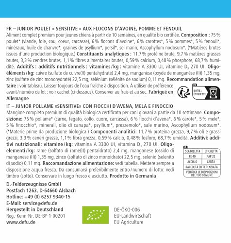 defu Hundefutter | 6 x 800 g | Junior Bio Geflügel Sensitiv | Premium Bio Nassfutter Menü für Junge Hunde