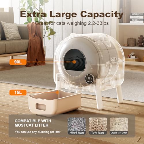 Automatic Cat Litter Box,Self Cleaning Litter Box Large Capacity for Multiple Cats with App Control and Safety Protection,2 Roll Litter Bags