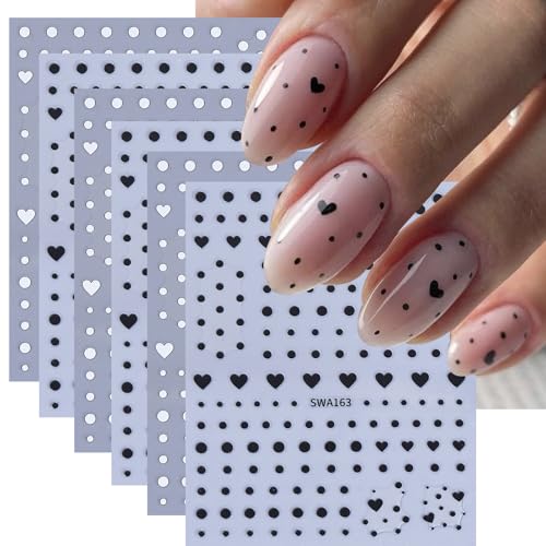 Valentine's Day Nail Stickers Polka Dot Heart Nail Decals 6PCS White Black Heart Polka Dot Nail Art Supplies Self Adhesive Cute Valentine Nail Stickers for Women DIY Manicure Accessories Decorations