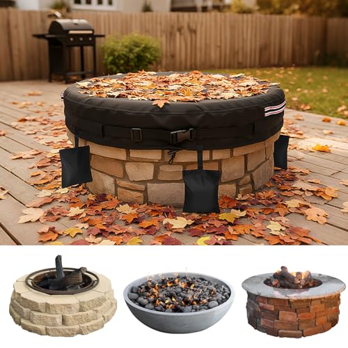51-56 Inch Round Fire Pit Cover Heavy Duty Waterproof - Adjustable Fit for In-Ground Built-In Stone or Gas Fire Pits - 600D Oxford Fabric w/ Buckle Strap (Black, 51