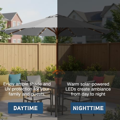 Image of 9' Solar LED Patio Umbrella with Tilt & Crank|8 Sturdy Ribs,UV Protection,Outdoor Market Table Umbrella for Deck,Lawn,Pool,Backyard(Light Gray)