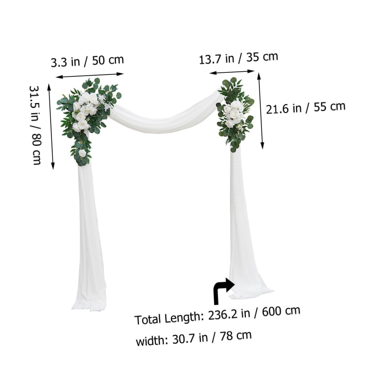 VALICLUD Künstlicher Blumenbogen für Hochzeit, 1 Satz Weiße Kunstblumen | Seidenblüten mit Tüll, Natürlicher Look, für Innenbereich und Tischmitte, Romantische Hochzeitsdeko