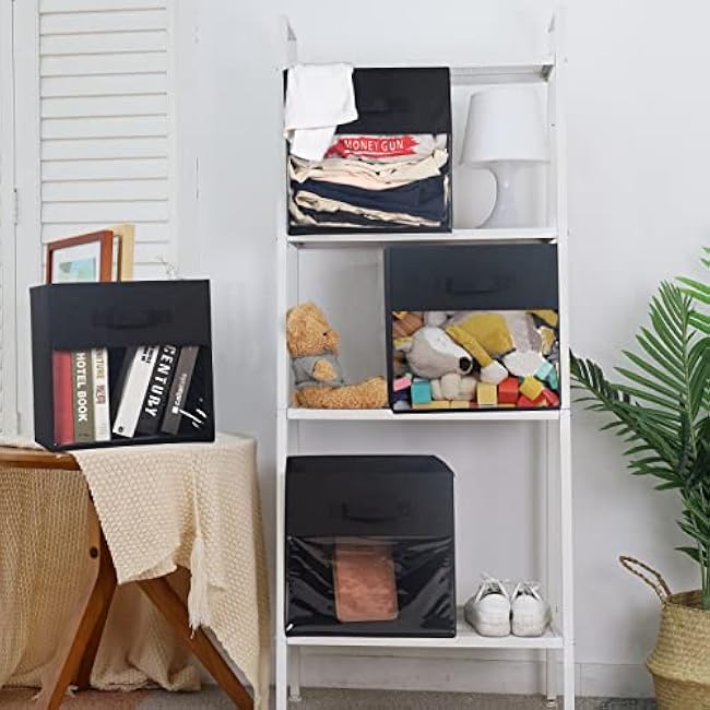 Cube Storage Bin 4 Pack with Clear Window Large Boxes Basket with Handles Fabric Closet Organizer 13 x 13 x 13 Black