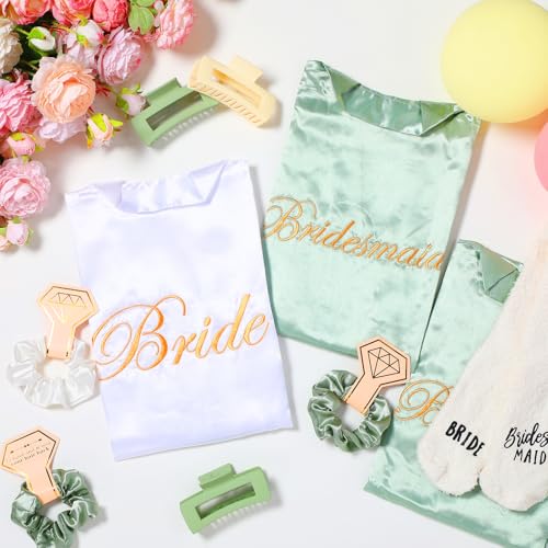 Image of Bonuci 24 Pcs Bride Bridesmaid Robes Set of 6 Bridal Silk Satin Robes for Wedding Bachelorette Party Bridal Shower Gifts