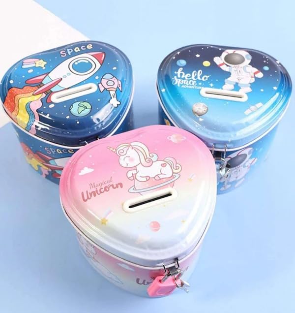 Image of Sajani Cute Cartoon Creative Portable Piggy Bank, Money Saving Box with Combination Lock, Mini Coin Bank Gifts for Boys and Girls, Best Return Gifts for Kids (Pack of 1) (Heart - Rocket)