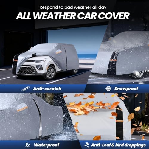 Image of Multi-Layer Car Cover Custom Fit for Kia Soul(2009-2026), 100% Waterproof All Weather for Automobiles, Gift with Towel, Heavy Duty Car Covers for Rain Sun UV Protection with Door Zipper