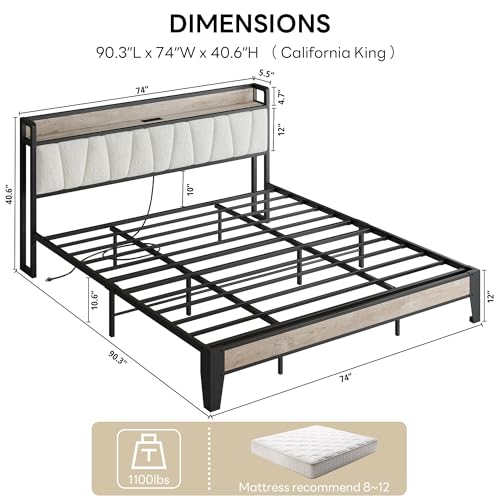 Image of LIKIMIO California King Bed Frames, Boucle Storage Headboard with Charging Station, Solid and Stable, Noise Free, No Box Spring Needed, Easy Assembly