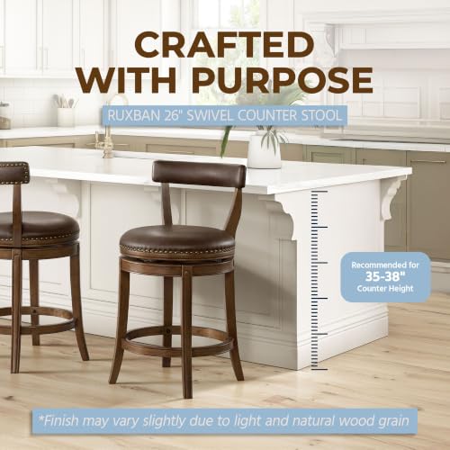 Image of ROME + OAK Ruxban 26 inch Counter Stool, Low Back Swivel Barstools in Walnut Finish with Saddle Brown Vegan Leather Seat - Indoor Home Furniture