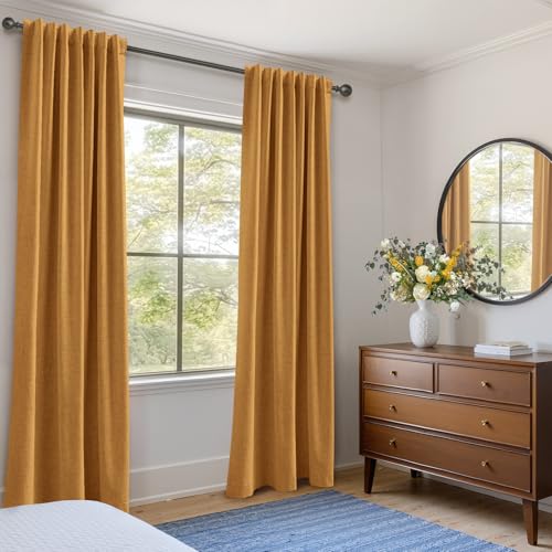 Image of 100% Blackout Shield Linen Blackout Curtains for Bedroom 90 Inches Long,Back Tab /Rod Pocket Living Room Drapes,Thermal Insulated Textured Blackout Curtains 2 Panels Set,50 inch W x 90 inch L,Mustard Yellow