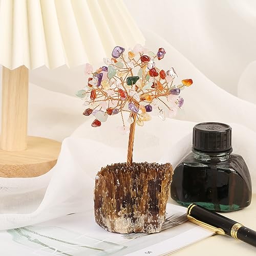 mookaitedecor Natural Chakra Healing Crystal Tree on Amber Calcite Cluster Base Feng Shui Money Tree Ornament for Home Colourful Semi Precious Gemstone Bonsai Tree Raw Crystal Gift Reiki Room Decor - Image 4