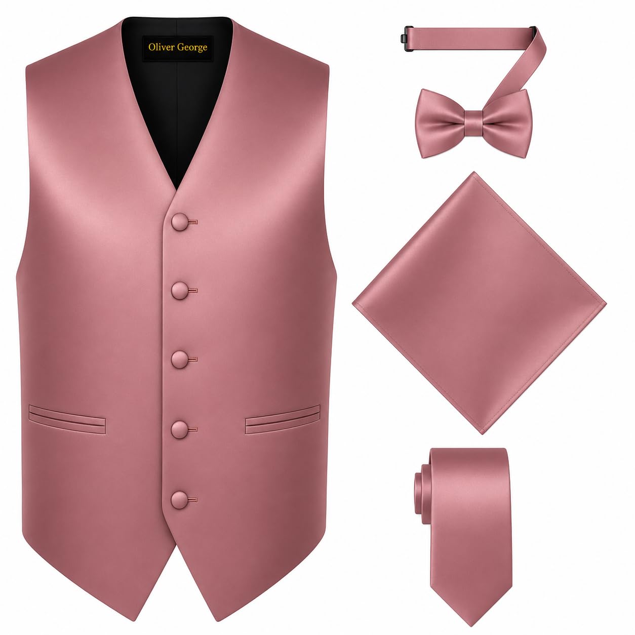Oliver George 4pc Men's Solid Formal Suit Waistcoat Tuxedo Dress Vest Necktie Bowtie Handkerchief Set for Suit or Tuxedo