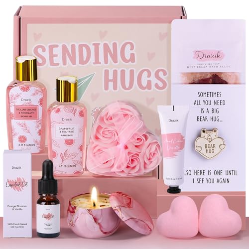 Drazik Sending Hugs Pamper Gifts Box for Women Hug in a Box Care Package for Her with Pocket Hug Token Relaxation Bath Gifts Set Thinking of You Birthday Gift for Women Friends Bestie Sister