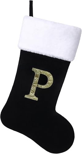 Yehnois Calcetín de Navidad con monograma inicial de 20 pulgadas, cuerpo de terciopelo negro de lujo con letra bordada de puño de felpa súper suave,