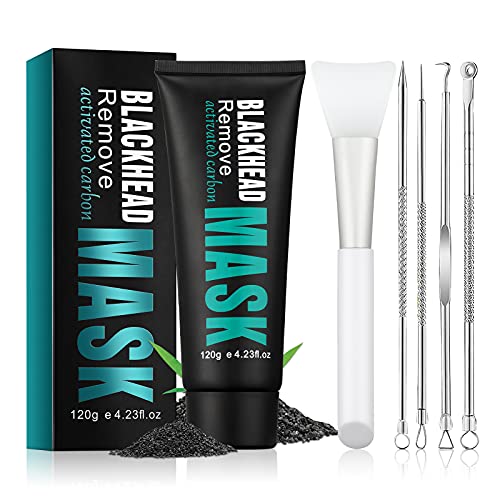 Blackhead Mask Charcoal Peel Off Facial Mask 3-in-1 Kit Black Head Remover Mask with Brush & 4 Blackhead and Pimple Comedone Extractors Deep Cleanse Mask Pore Minimizer for Acne Prone Oily Skin