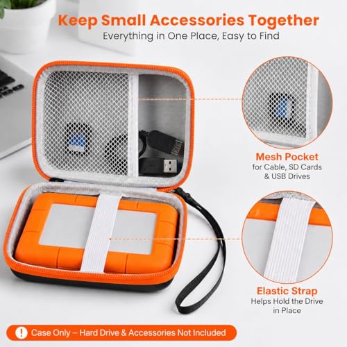 Image of ALKOO Case for LaCie Rugged Mini 1TB /2TB /4TB /5TB External Hard Drive | Portable HDD Holder, Cable Pocket, SD Card Storage, for Photographers, Creators, Students, Office, Travel, Case Only, Orange