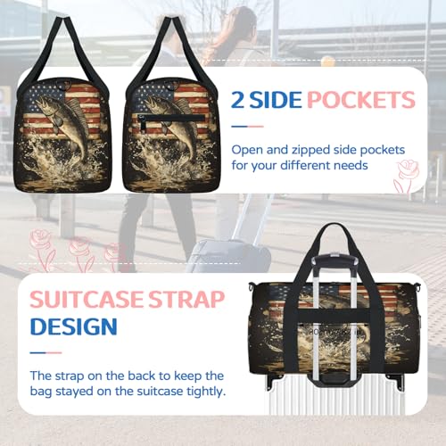 Gym Bag for Women Men, Bass Fish Independence Day Flag Travel Duffle Tote Bag, Waterproof Sports Tote Bags, Large Overnight Weekender Bags for Yoga Dance4