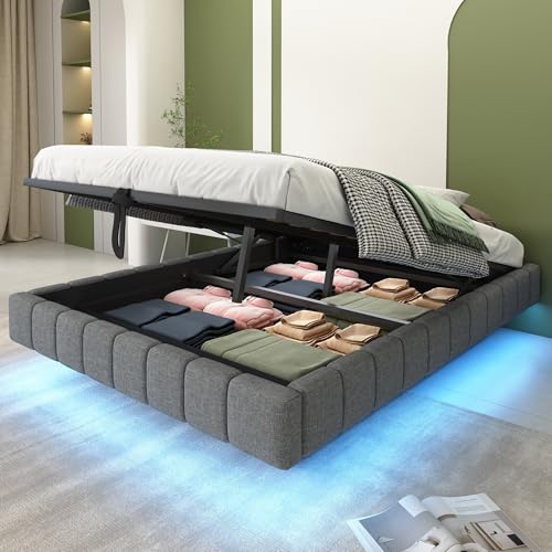 TOBIDOEN Bett 140x200 mit Stauraum, Multifunktionales Polsterbett mit Bettkasten und Schwebebettrahmen, einfacher Boxbett Jugendbett ohne Kopfteil, Leinen, Grau