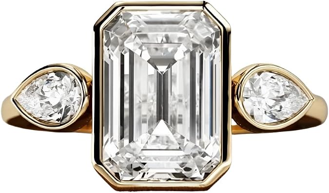 3.50 Ct Emerald & Pear Cut Diamond Bezel Set Unique 3 Stone Solitaire Ring 14K Gold Plated Trilogy Engagement Rings For Women 925 Sterling Silver Handmade Wedding Ring Elegant Gift For Her