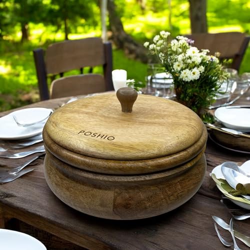 Image of POSHIO Wooden Casserole Hotpot Box with 1 Ladle, Breads Storage & Serving Box | Mango Wood Container | Non-Toxic Polished Serveware- Natural Wood Finish (1, Natural, 9x9x4in, Style 1)