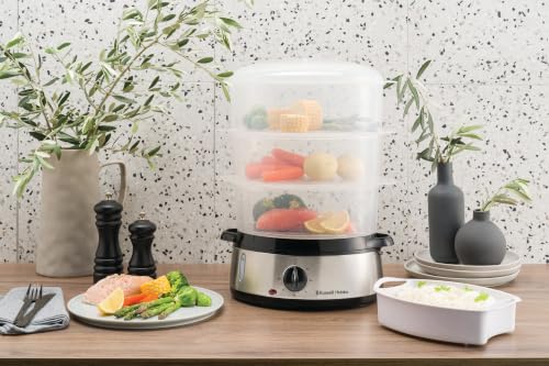 Miniatura 2 de Russell Hobbs 19270-56 - Vaporera De 3 Recipientes Con Temporizador, 800 W, Incluye Cubeta Para Arroz, Color Negro Y Plateado, Libre De Bpa