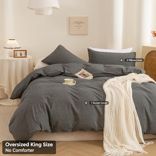 Image of ECOCOTT Grey Duvet Cover Oversized King Size - 100% Washed Cotton Durable Soft Comfy Duvet Cover Set, 3 Pieces Duvet Cover with Zipper Closure (Dark Grey, 120 inchx 98 inch)