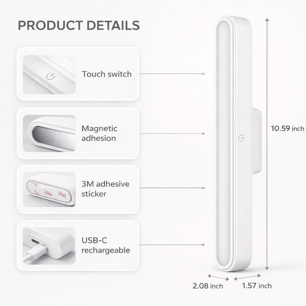 ARJ Magnetic Wall Light - Rechargeable & Touch Control -2