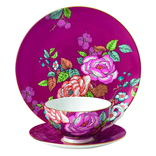 Wedgwood 40018057 3-Piece Garden Tea Plate Set, Raspberry, Bone China, Raspberry