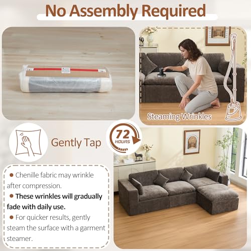 Image of 115''Cloud Boneless Sectional Couch, Modular Sectional Sofa Deep Seat with Ottoman, Oversized Upholstered Convertible Comfy 4 Seater Chenille Sofa L Shape Couches for Living Room, Brown