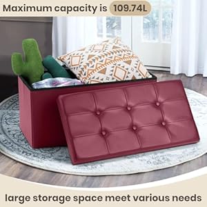 COSYLAND Ottoman Bench with Storage - 30x15x15in Folding Leather Ottoman, Rectangle Foot Stool Foldable Storage Chest Ottoman Footrest Footstool Collapsible with Lid for Bedroom Living Room Burgundy COSYLAND Ottoman Bench with Storage 30x15x15in Folding Leather Ottoman Rectangle Foot Stool Foldable Storage Chest Ottoman Footrest Footstool Collapsible with Lid for Bedroom Living Room Burgundy