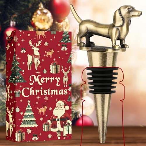 LKKCHER Tappo per vino in confezione natalizia, bassotto, regalo di Natale, salsiccia, regalo per donne, uomini, papà, bronzo, con confezione di Natale e biglietto di Natale