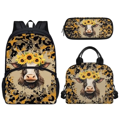 Set di 3 borse per la scuola per bambini e ragazze grande capacità con cerniera a spalla contenitore per il pranzo a tenuta stagna portapranzo Girasole di mucca