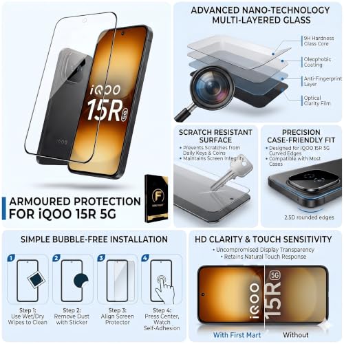 Image of FIRST MART Military-Grade Gorilla Tempered Glass for iQOO 15R With Black Camera Lens Protector & Installation Kit | Edge to Edge Coverage, Case Friendly, Anti-Scratch | Black