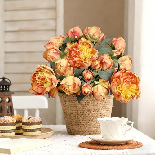Tobilu Artificial Peonies Flowers 2 Bouquets - Fall Faux Silk Peony Floral Arrangements with Stems Vintage for Wedding Centerpieces, Home Table Decor, Party, Bridal Shower - Orange — view 5