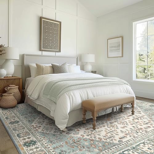 GENIMO 3x5 Area Rugs for Living Room, Machine Washable Boho Vintage Rug Non Slip, Printed Thin Low Pile Lightweight Chenille Carpet Rugs for Bedroom, Dining Room, Home Office, Green