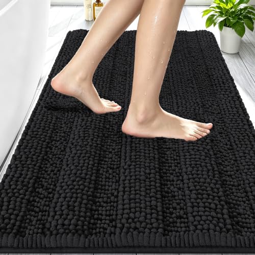 Image of Smiry Thick Small Chenille Bathroom Rugs 24x16, Absorbent Bath Mat, Black | Quick‑Dry & Machine Washable, Non‑Slip Bath Carpet, Soft Striped Bath Rugs for Tub & Shower, Modern Home Decor Accessories