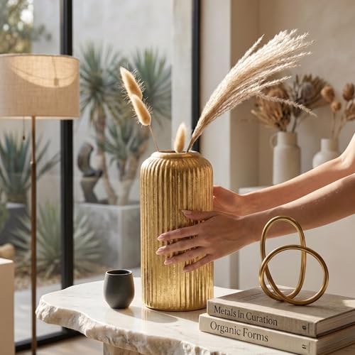 Image of KREATIVE ART'S Modern Ribbed Design Ceramic Flower Vase for Living Room, Flower Pots for Artificial Flower, Home Decoration Item, Home Decor, Vases for Living Room (Gold, Medium)