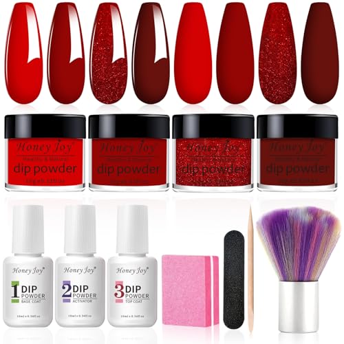 Honey Joy Dip Powder Nagelset Starter, 4 Farben Weinrot Glitzer Dunkelrot Dipping Powder Set mit Base Coat, Top Coat für Nageldesign Maniküre Salon DIY – Kein LED-Licht erforderlich, Dip-7pcs-No.22