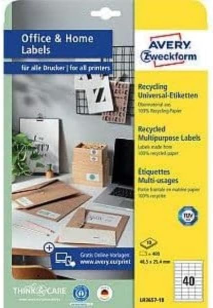 AVERY Zweckform LR3657-10 Recycled Labels (400 Adhesive Labels, 48.5 x 25.4 mm on A4, 100% Recycled Paper, Individually Printable, Self-Adhesive Stickers) 10 Sheets, Natural White