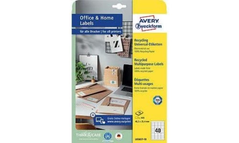AVERY Zweckform LR3657-10 Recycled Labels (400 Adhesive Labels, 48.5 x 25.4 mm on A4, 100% Recycled Paper, Individually Printable, Self-Adhesive Stickers) 10 Sheets, Natural White