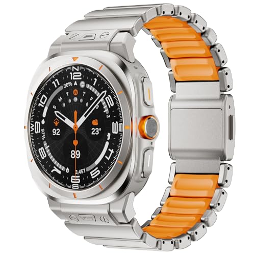 VeveXiao Rugged Full Titanium with Silicone Band Compatible with Samsung Galaxy Watch 7 Ultra 2025 47mm, Adjustable Links Titanium Connectors and DLC Coating For Womens Mens (Titanium Orange)