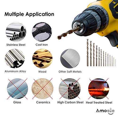 amoolo Cobalt Drill Bit Set (13 pcs), M35 HSS Metal Drill Bits for Steel, Stainless Steel, Metal and Cast Iron,1/16