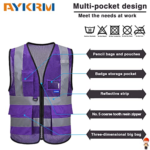 Image of High Visibility Mesh Vest with Clear ID Pocket, Zipper, Purple, L | Purple L mesh safety vest with reflective strips, mic tabs and 7 pockets for refinery technicians and laboratory safety.