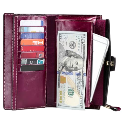Image of Itslife Womens Wallet RFID Blocking Large Capacity Luxury Wax Genuine Leather Wallets Clutch Wallet Ladies Card holder, Fuchsia