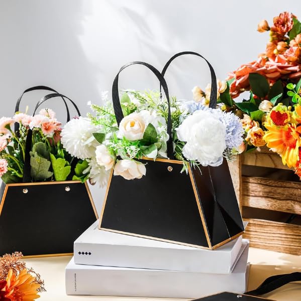 Image of Oasis Pack Of 10 Embossed Flower Bags (Black & Gold)