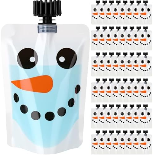 Chengu 24 Pcs Winter Snowman Drink Pouches 5 oz Portable and Reusable Adults Juice Bags with Lid Leak Proof Plastic Bags for Winter Party Favors Holiday Beverages Travel(48 Pcs)