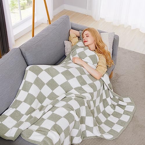 WRENSONGE Checkered Throw Blanket, Sage Green Soft Cozy Fluffy Warm Hand Made Throw Blankets for Couch, Sofa, Chair, Bed, Camping, Picnic, Travel Lightweight Bed Blanket - 60"*80"