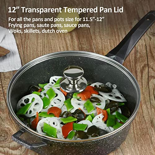 12" Glass Lid For Frying Pan, Tempered Replacement Cover Compatible With All 12 Inches Cookware For Skillets, Round Cast Iron, Cast Aluminium, Stainless Steel Pans &Pots #TOP1