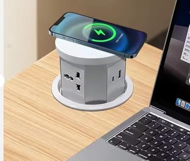 Audiovan Vertical Pop Up socket Pneumatic Electrical Countertop, 3* Power+ USB type A+C charge+ 18 watt Fast Wireless phone charge Kitchen Counter Conference Desk (AVT-VMP24) White (WHITE)
