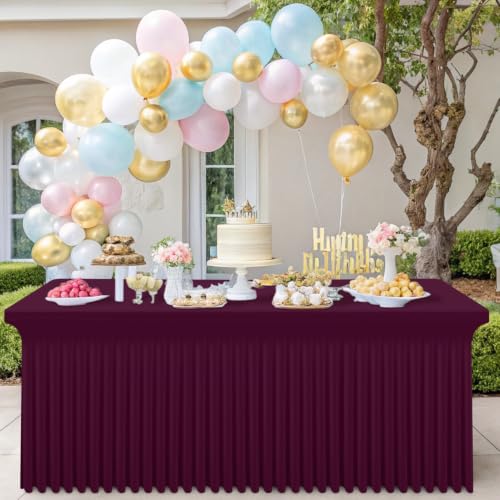Image of Smiry 2 Pack Spandex Elastic Fitted Table Cloth Skirt for 8FT Table | Stretch Washable Table Cloth, Banquet Table Cover for Wedding, Party, Indoor & Trade Shows, (Jujube Red, 96Lx30Wx30H)